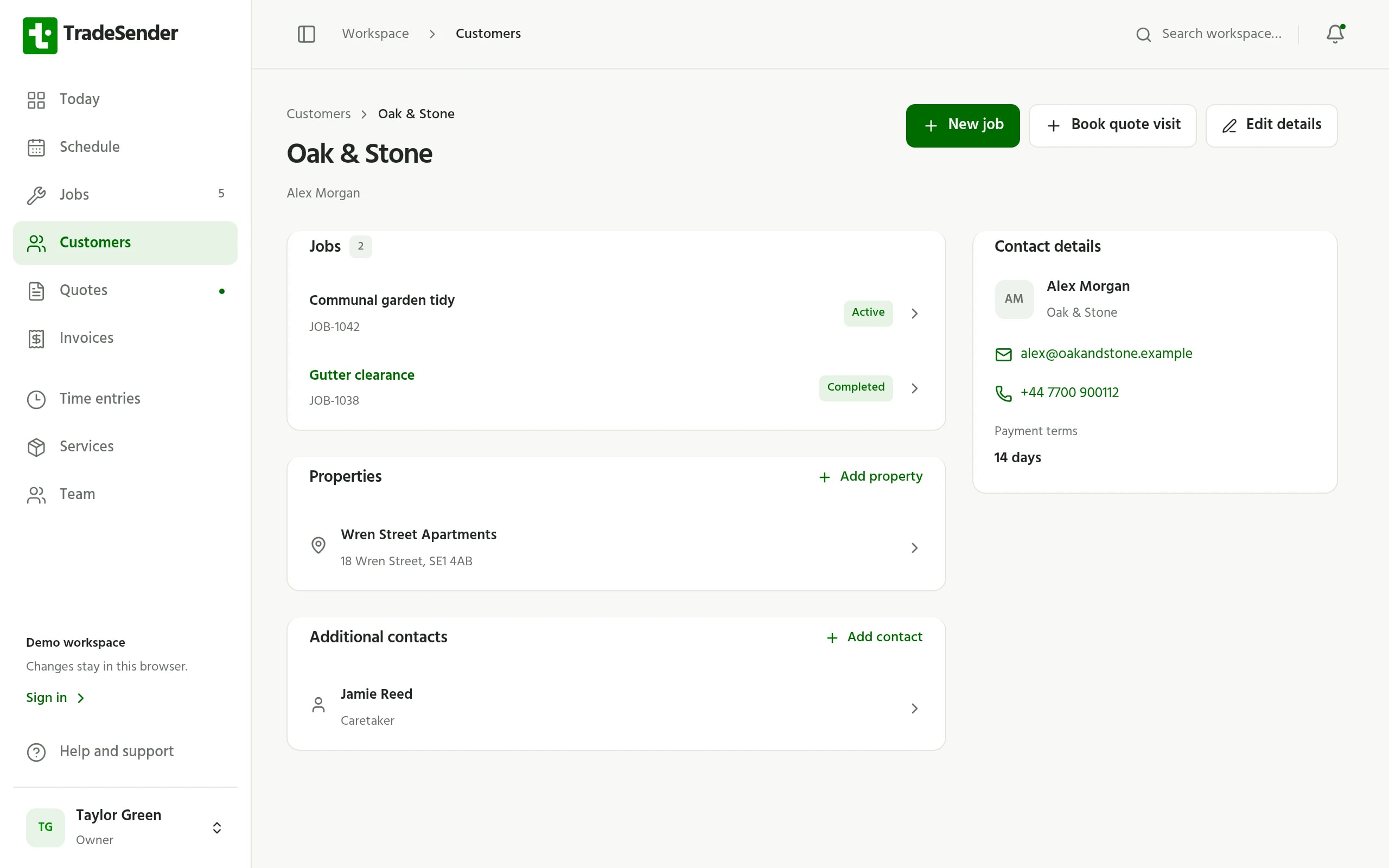 A customer record in TradeSender, with their properties, contacts and recent jobs.