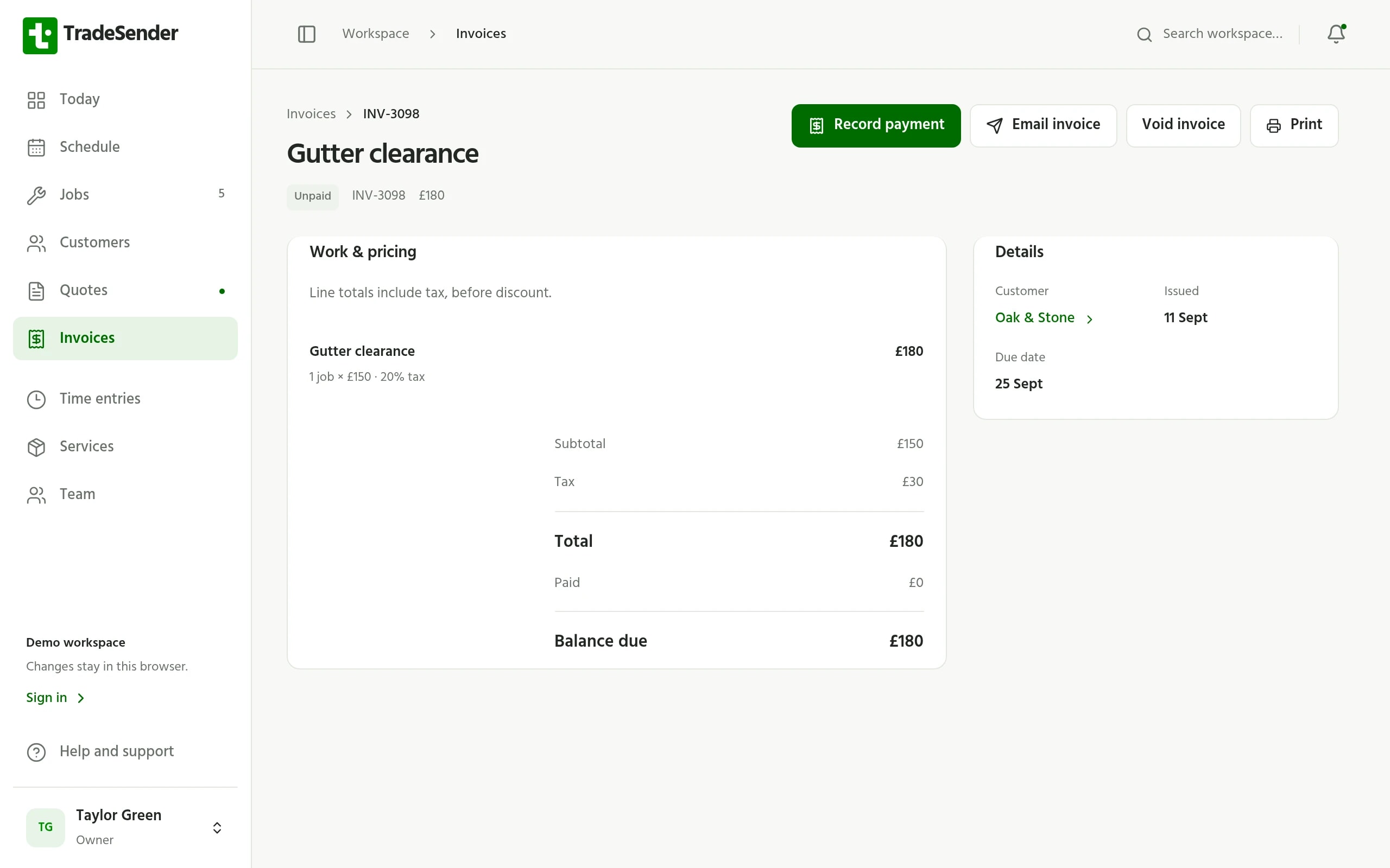An invoice in TradeSender, with its lines, VAT and payment history.