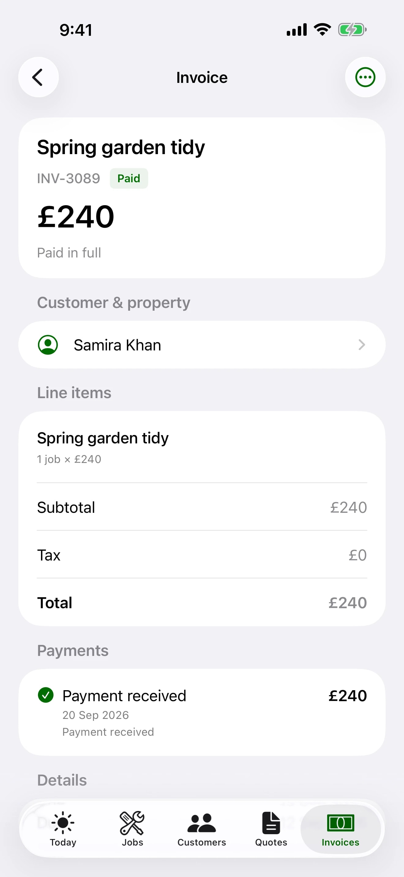 An invoice on the TradeSender iPhone app, ready to email to the customer.
