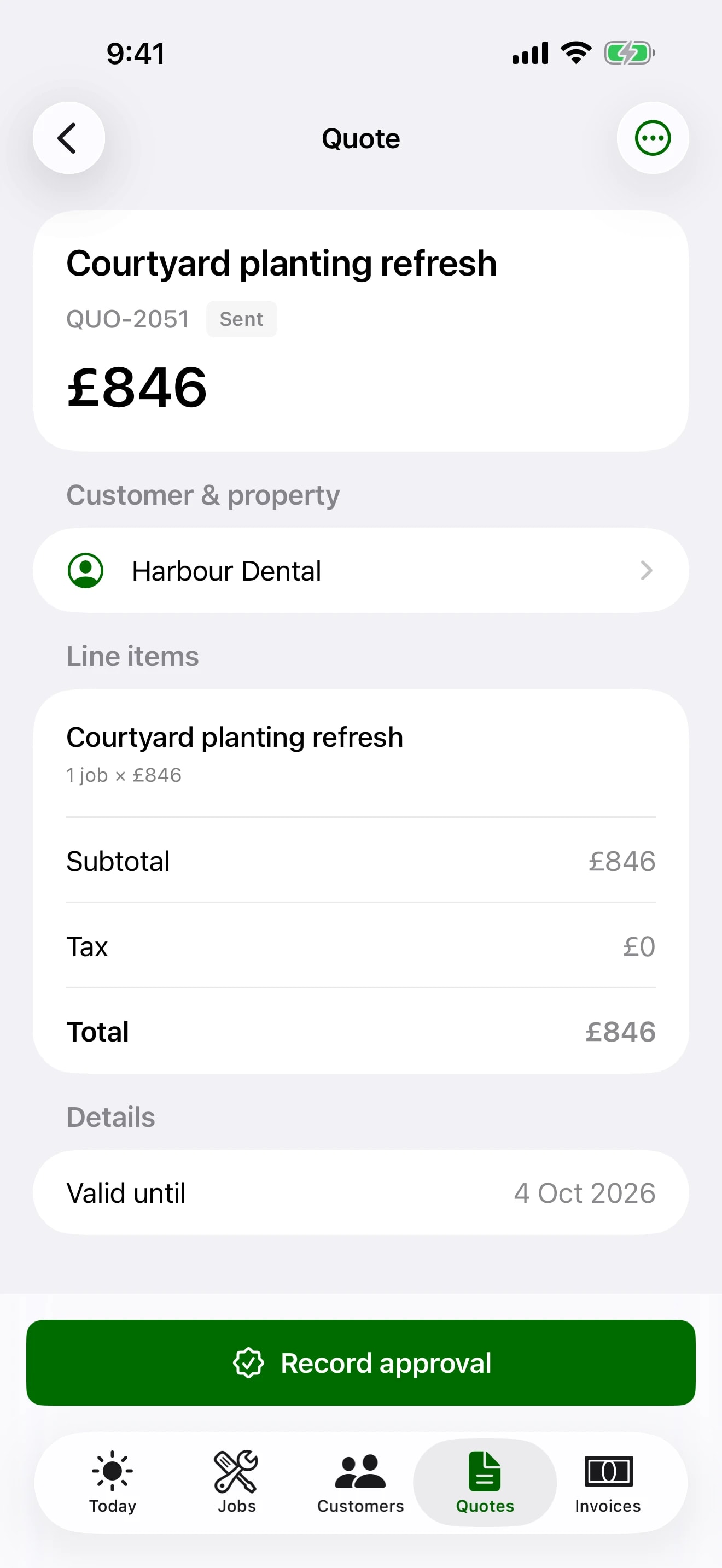 A quote on the TradeSender iPhone app, with its line items and total.