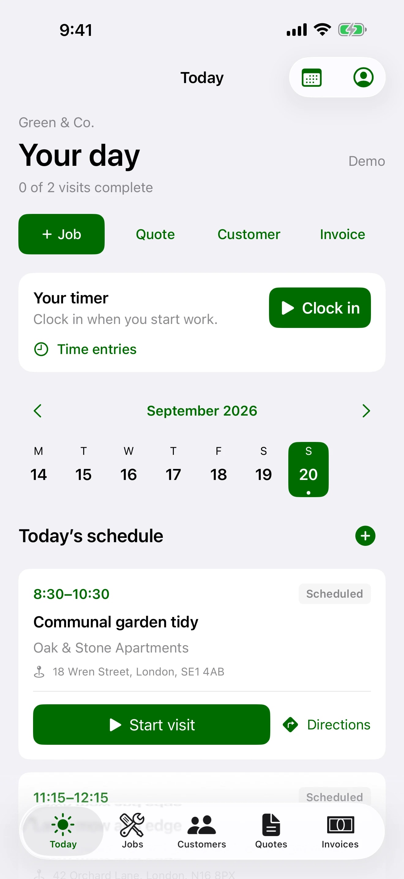 Today on the TradeSender iPhone app: the day's visits, the job timer and the week ahead.