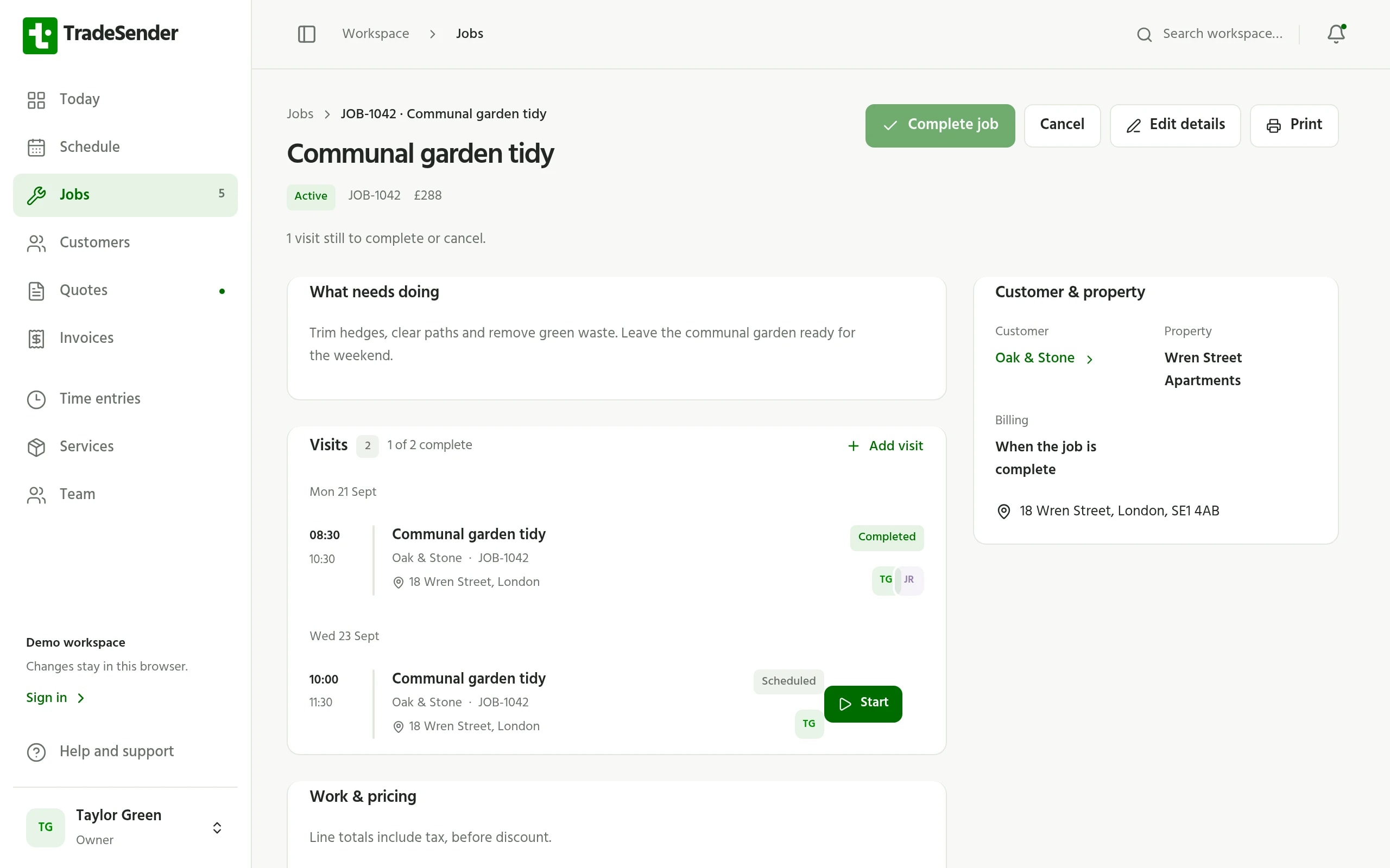 A job in TradeSender, showing its visits, time and photos.