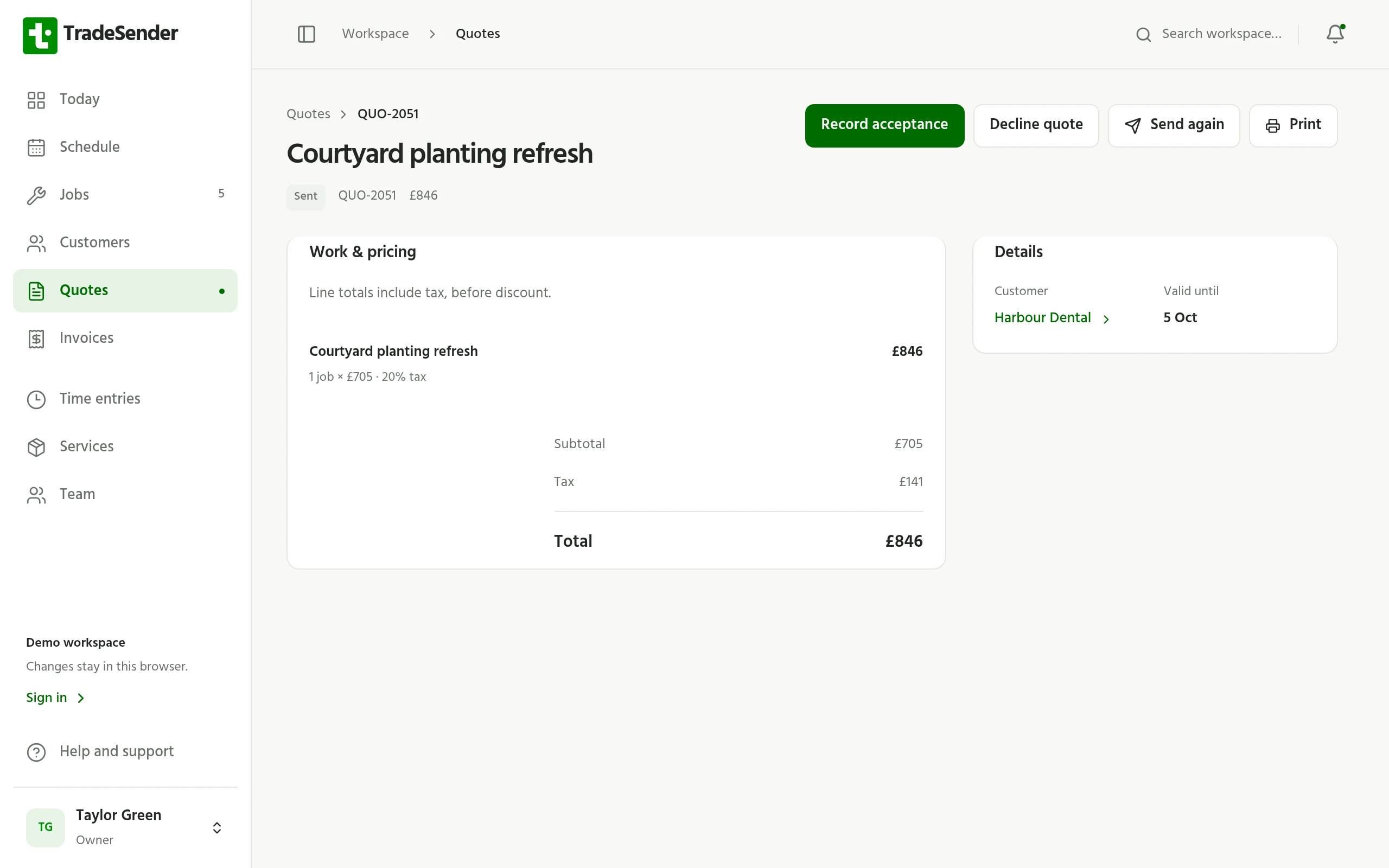 A landscaping quote in TradeSender for a courtyard planting refresh, with its price, tax and the buttons to record acceptance or send it again.