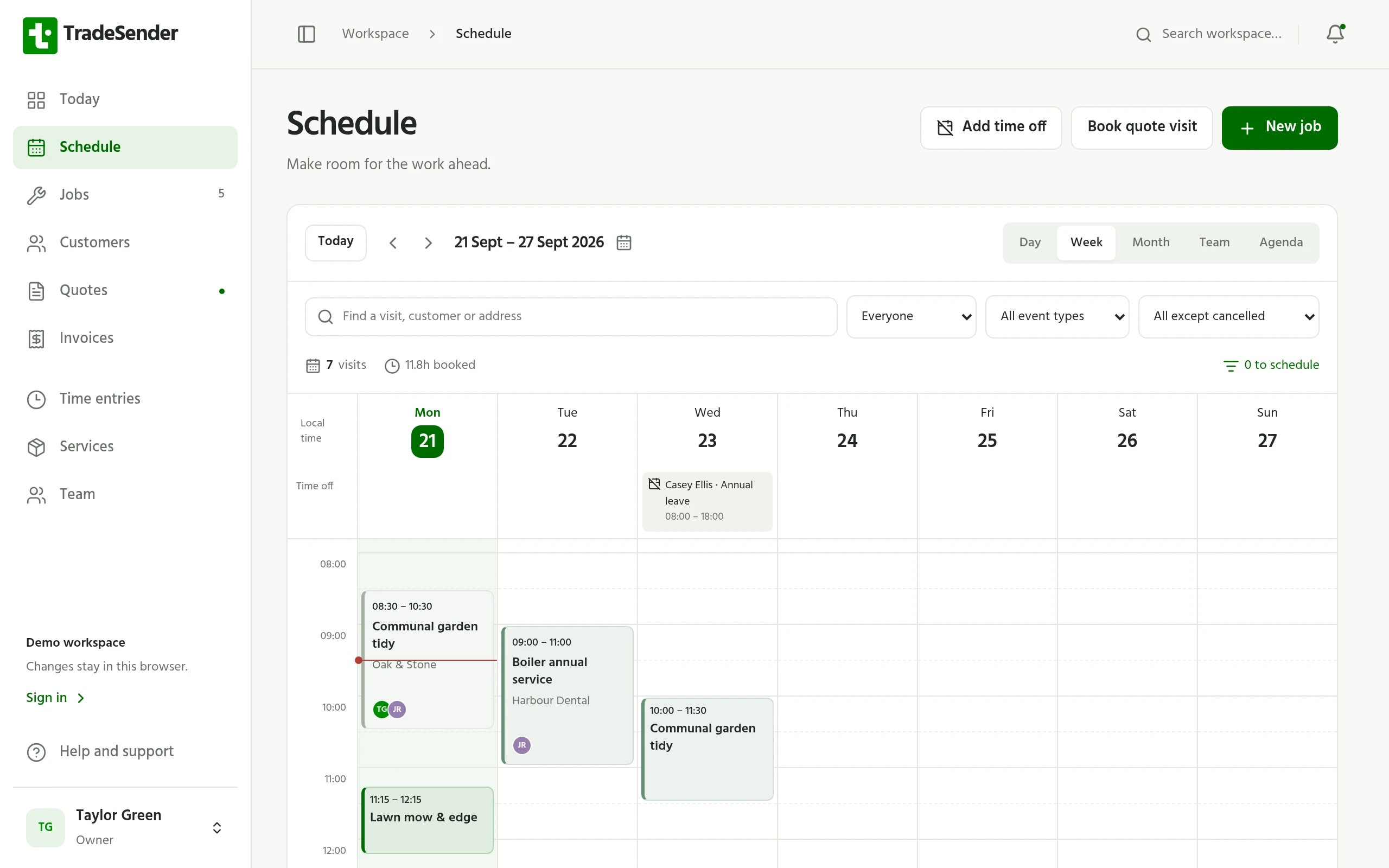 A week of garden visits in the TradeSender calendar, with customers, times and who is going.
