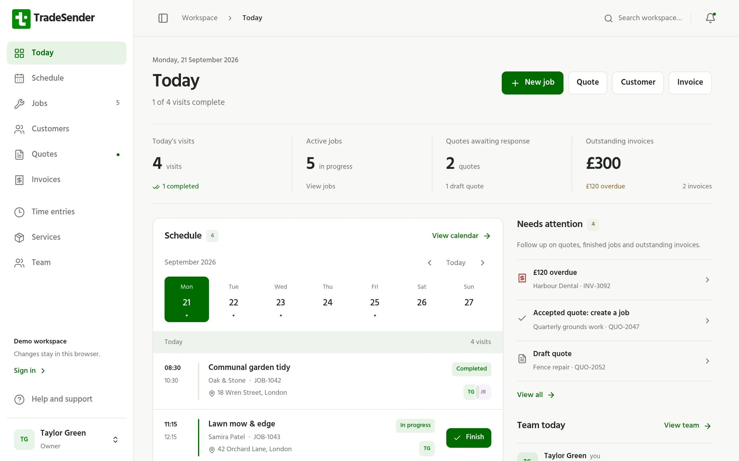 The TradeSender app showing today's visits, the job timer and the week ahead.