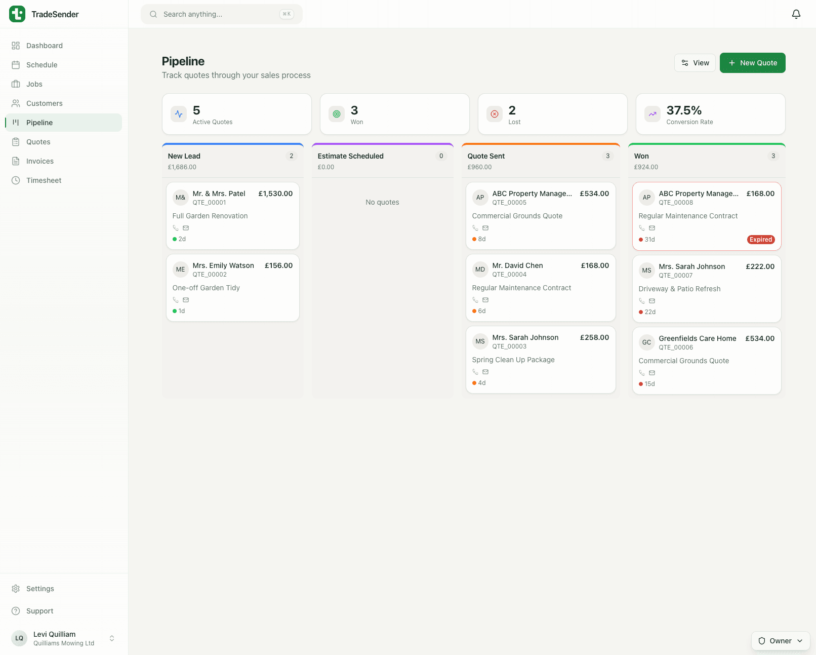 Sales pipeline view with deals organized by stage