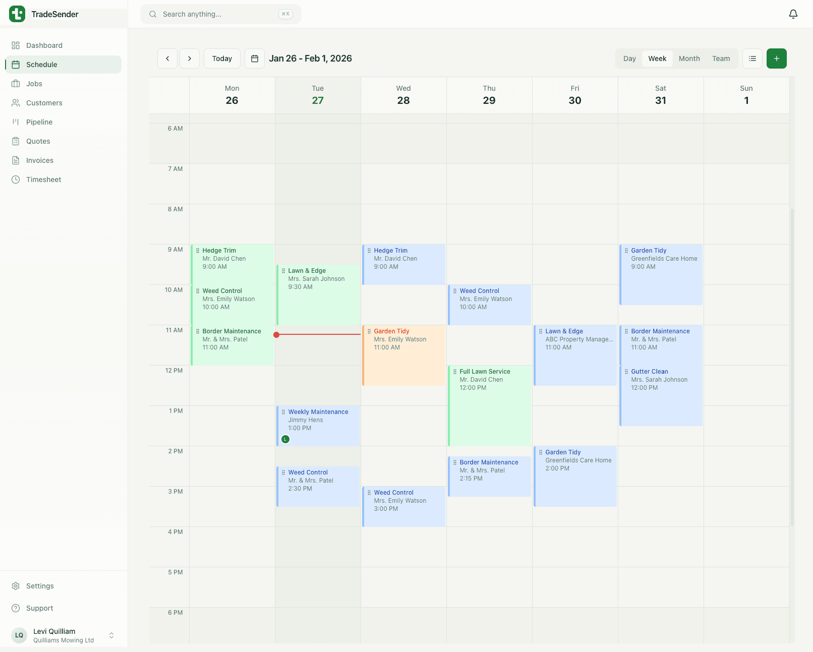 Weekly schedule view showing team assignments